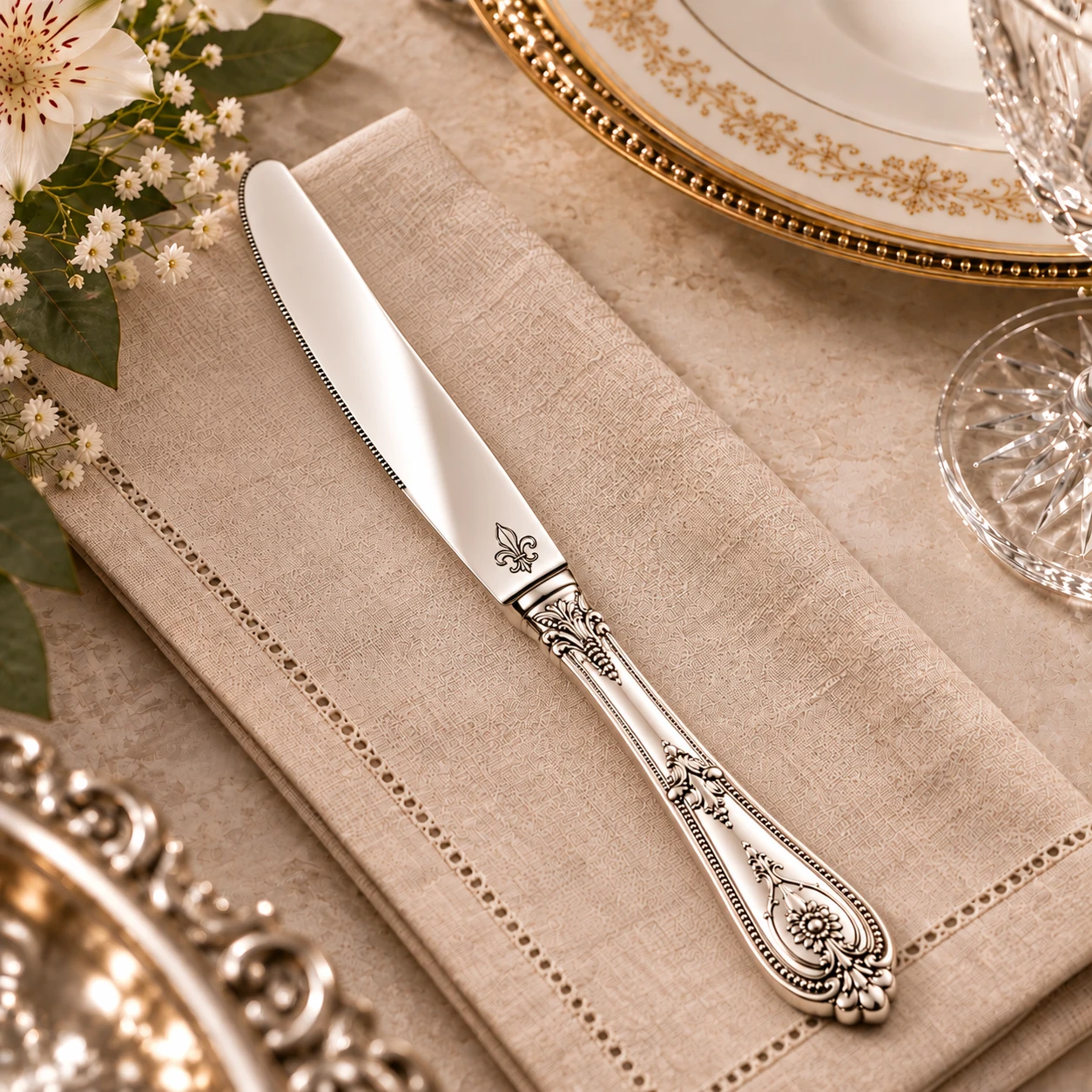 Cuchillo ornamental de plata sobre lino beige.