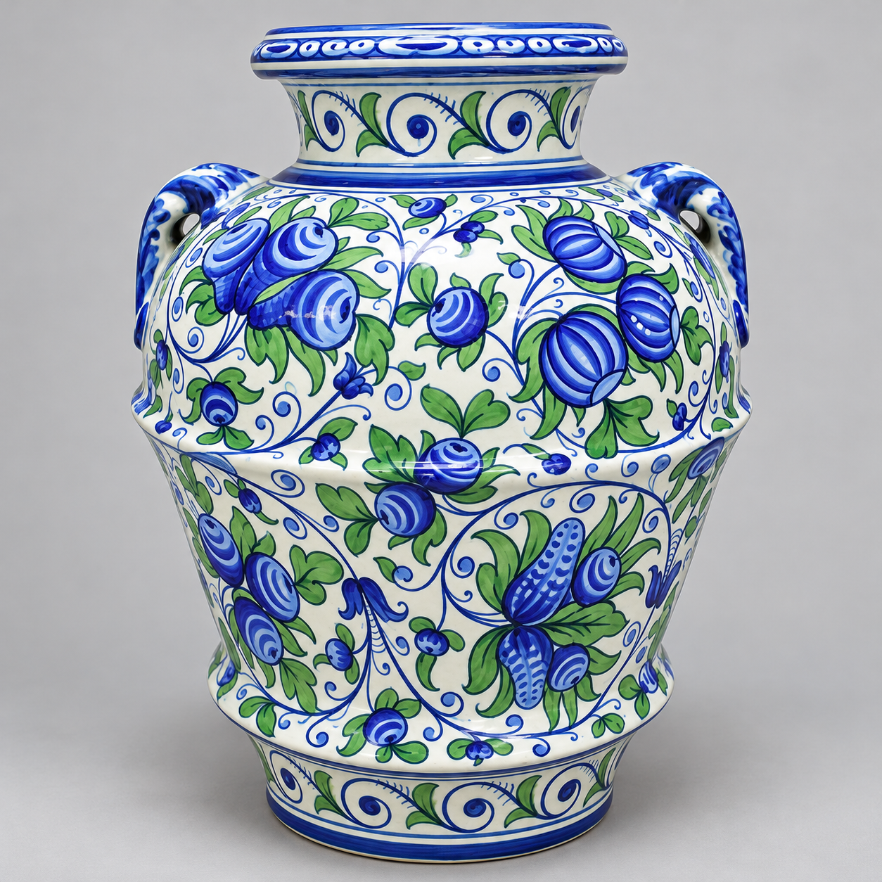 Recipiente decorado con flores en verde y azul - Vista 1