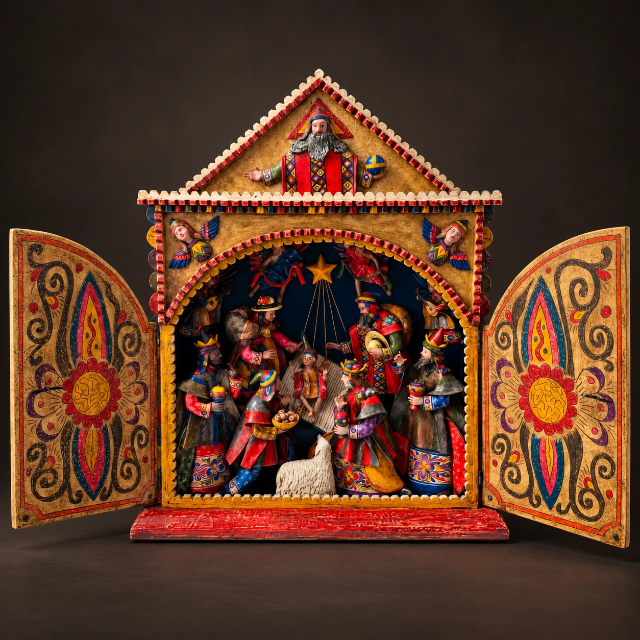 Triangular-Front Retablo with Floral Doors - View 2