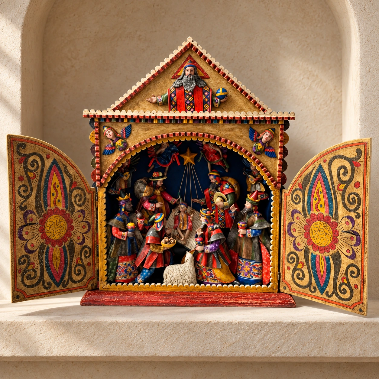 Triangular-Front Retablo with Floral Doors - View 3