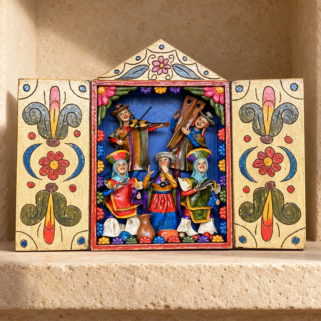 Andean Figures beneath a Triangular Roof Retablo - View 3