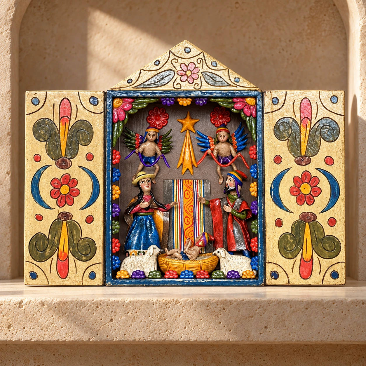 Figures and Animals beneath a Decorated Arch Retablo - View 3