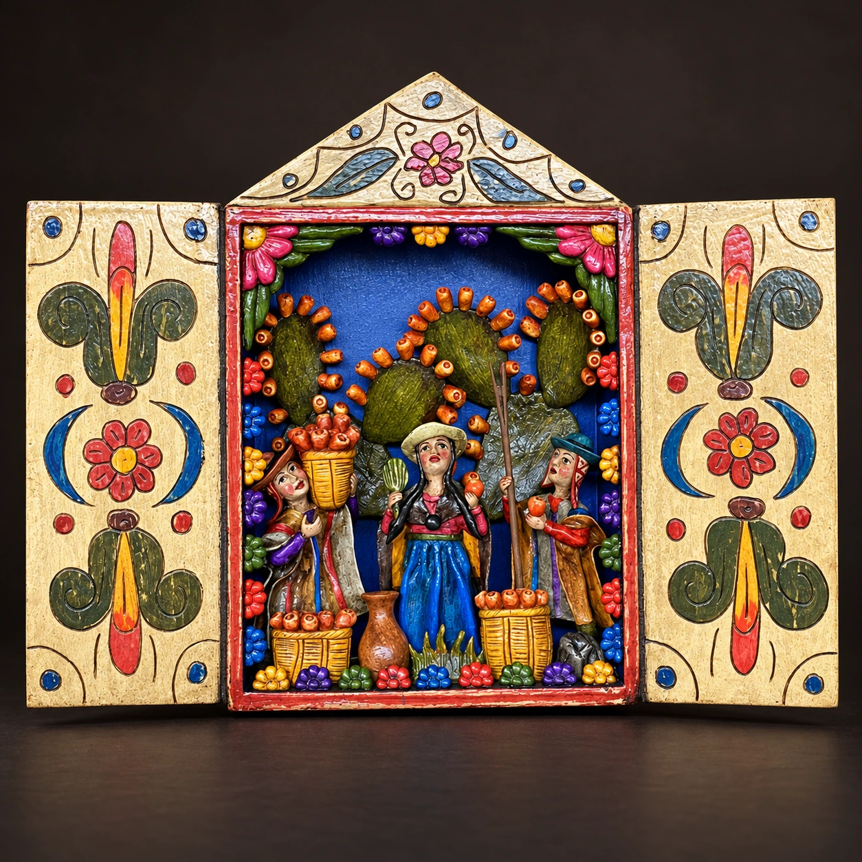 Figures beneath a Blue Floral Arch Retablo - View 2