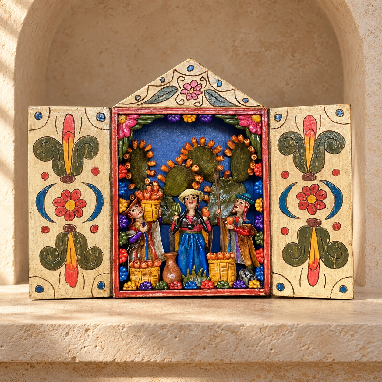 Figures beneath a Blue Floral Arch Retablo - View 3