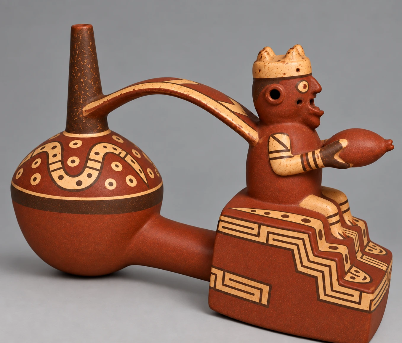 Main view of Wari Double-Chamber Vessel with Modeled Figure.