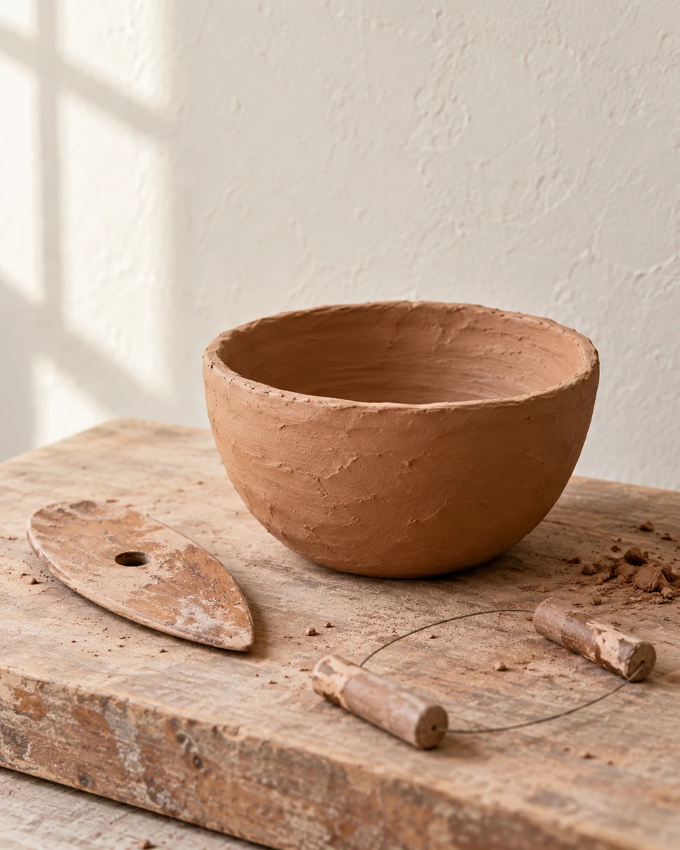 Illustration of an earthenware bowl and pottery tools