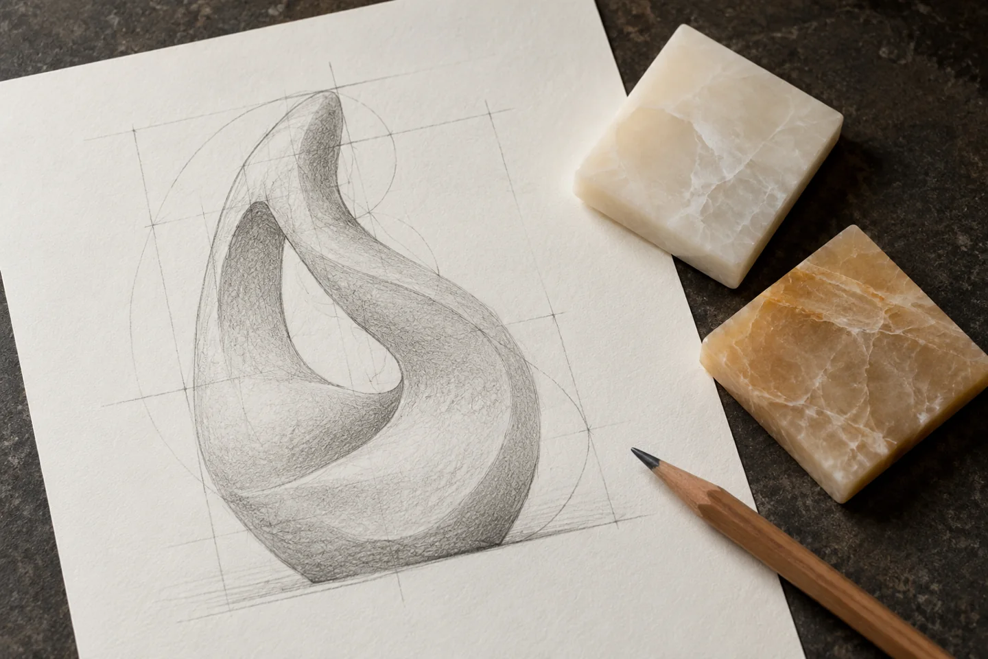 Boceto de una forma escultórica y dos muestras de piedra
