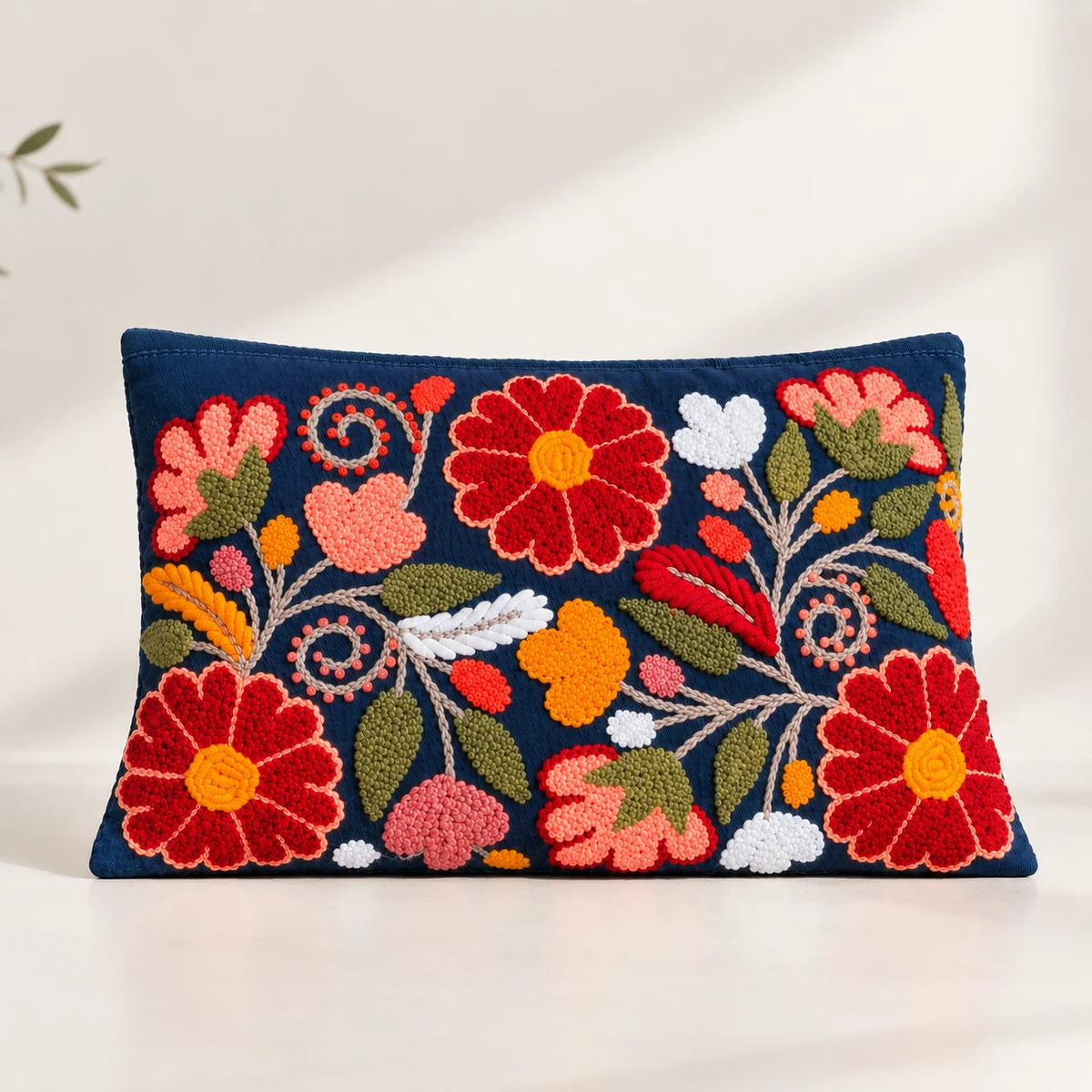 Cojín Lumbar Rectangular Bordado a Mano en Azul Marino con Flores Silvestres