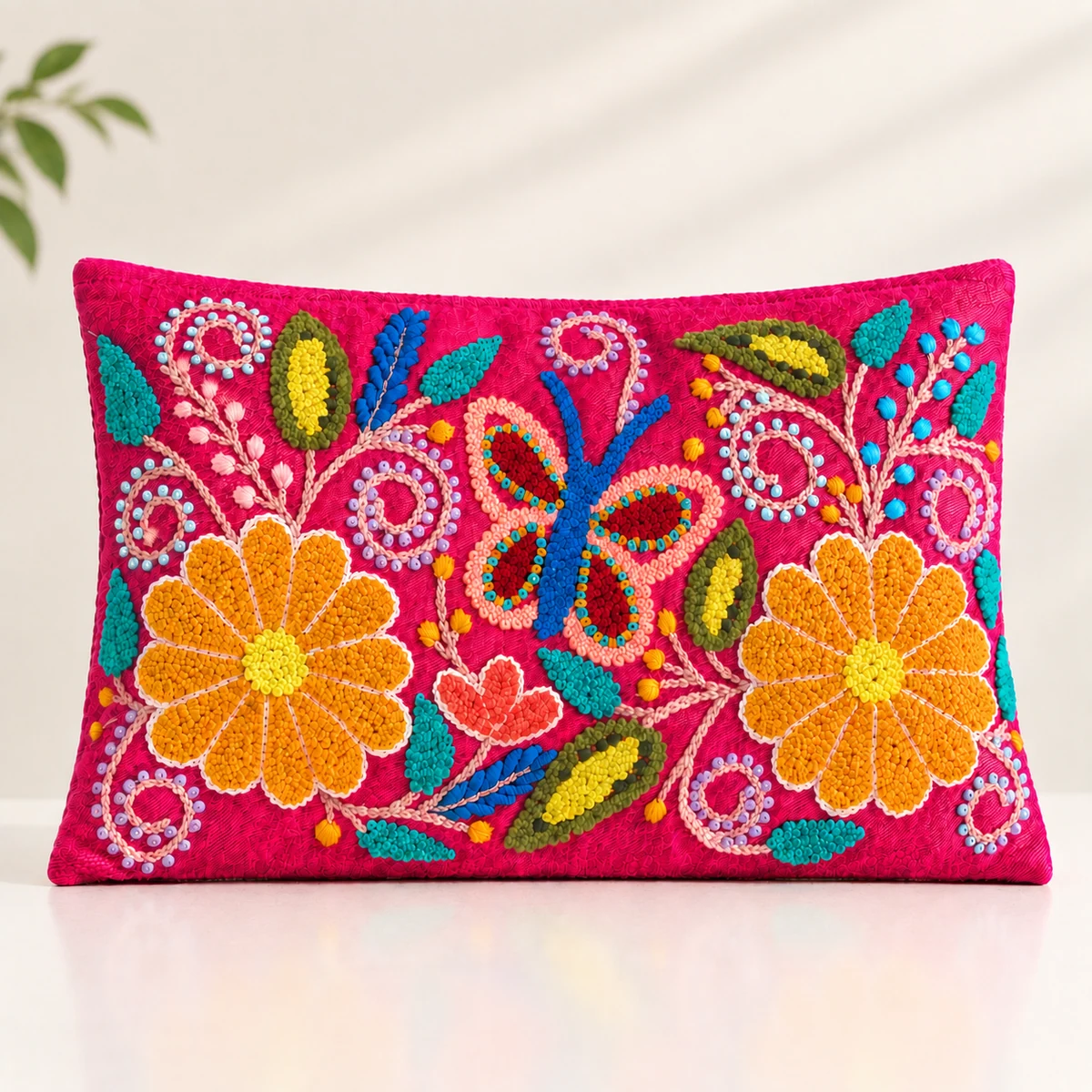Cojín Lumbar Rectangular Fucsia con Mariposa y Flores Silvestres en Relieve