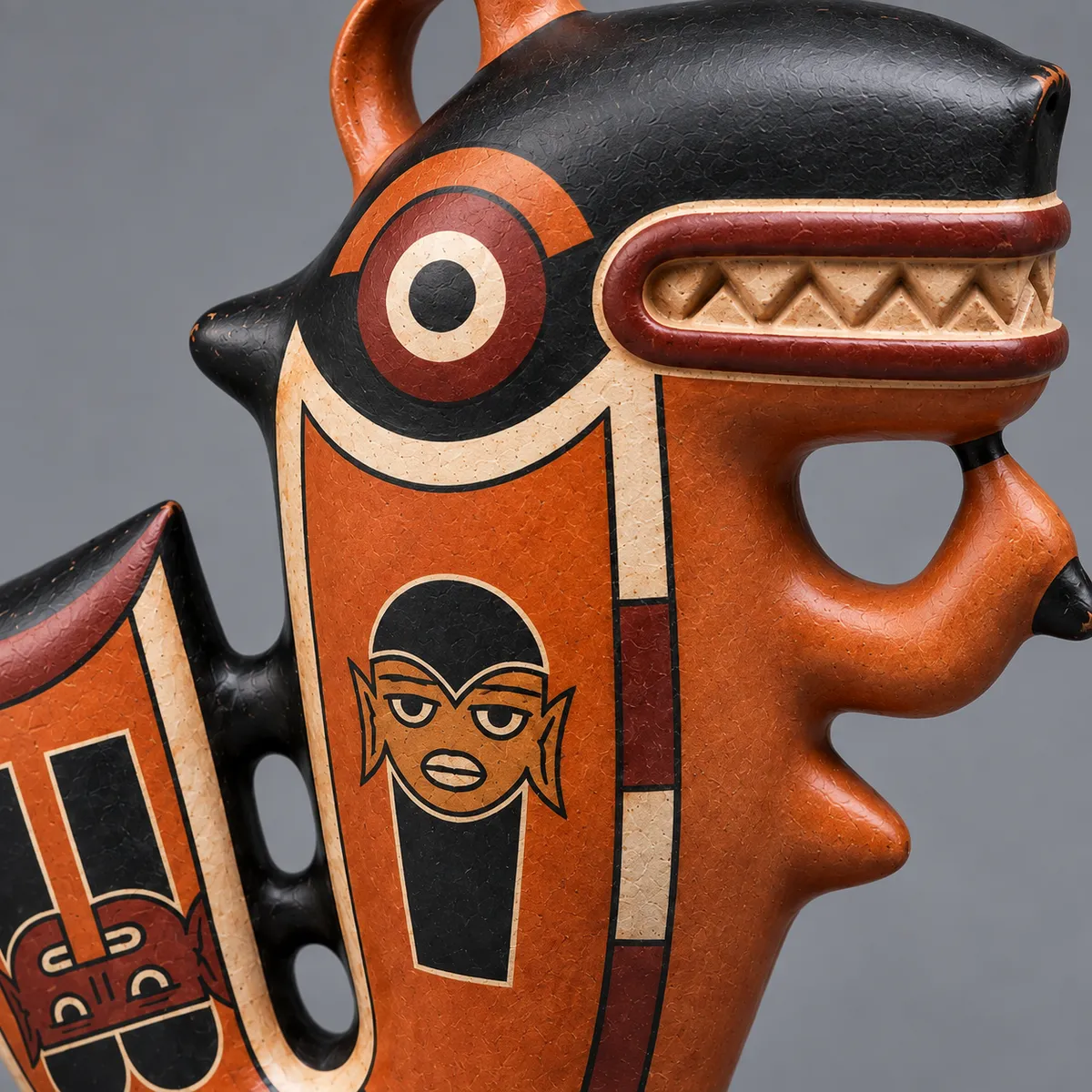 Nazca Vessel with Winged Figure and Feline Mask - View 2