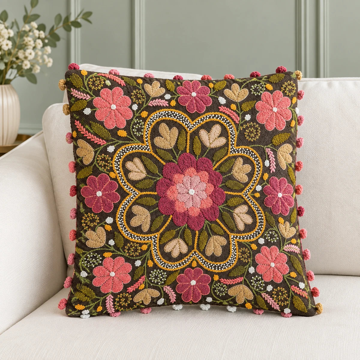 Cojín Bordado Ayacuchano Mandala Floral en Relieve Carbón y Fucsia