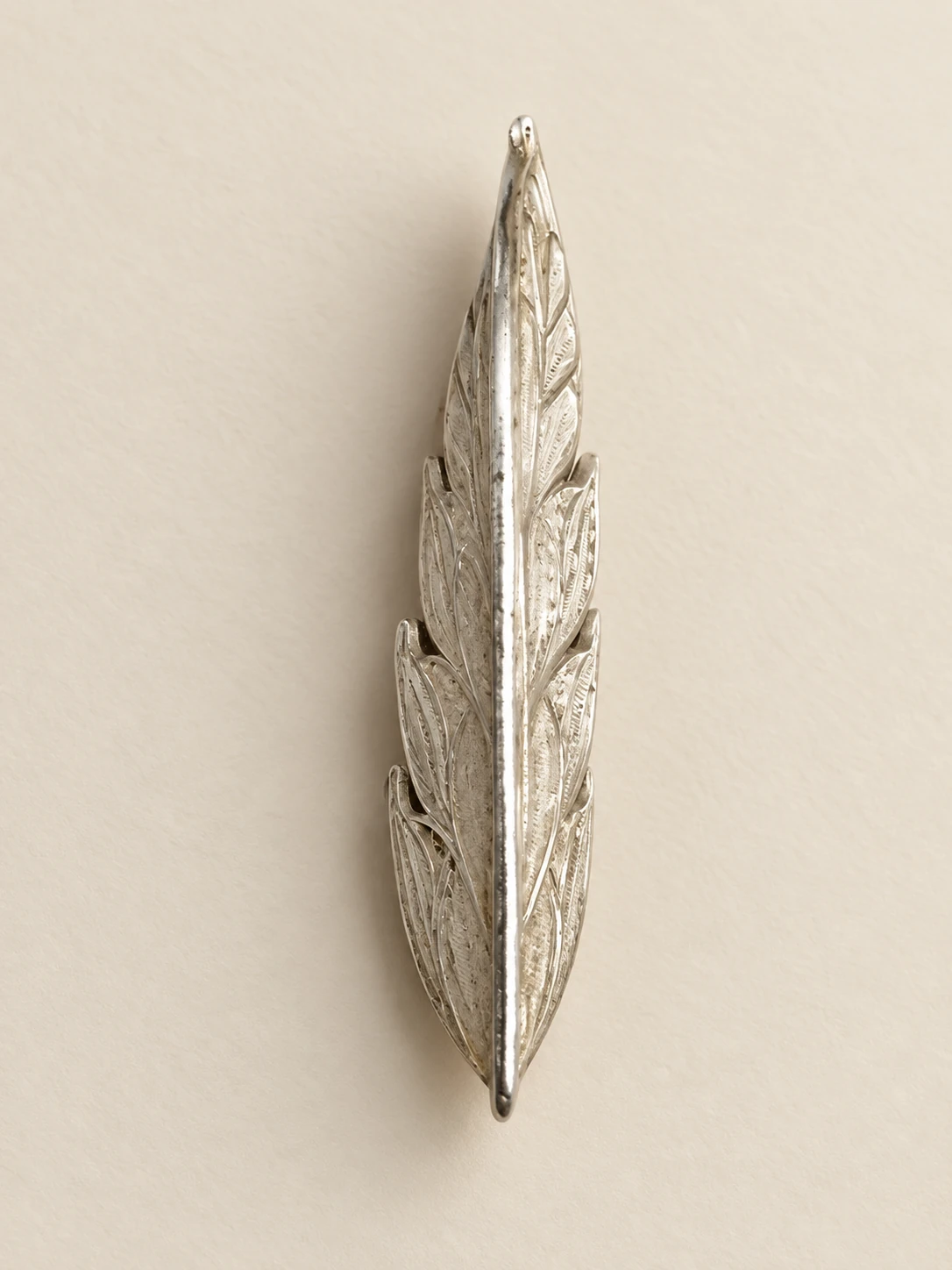 Solid reverse of the ornamental feather, with a central rib and engraved lines