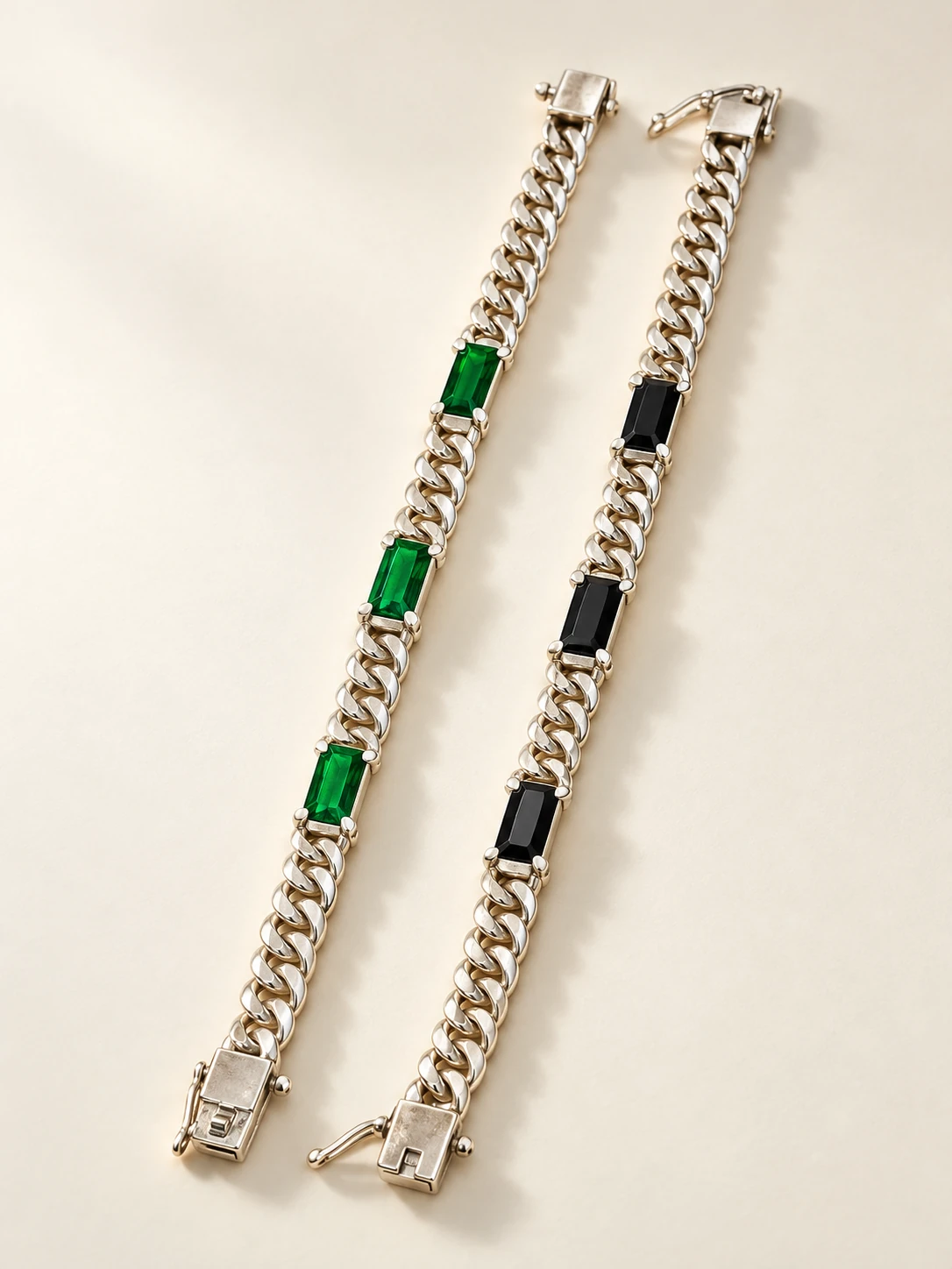 Additional view of the green and black chain bracelets with rectangular insets