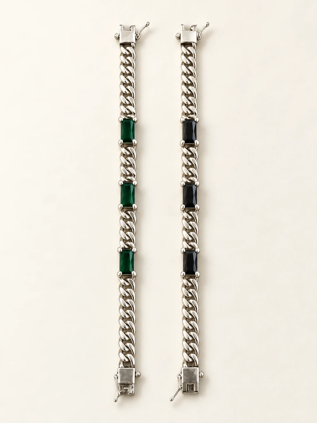 Green and black bracelets together, with three rectangular insets in each chain