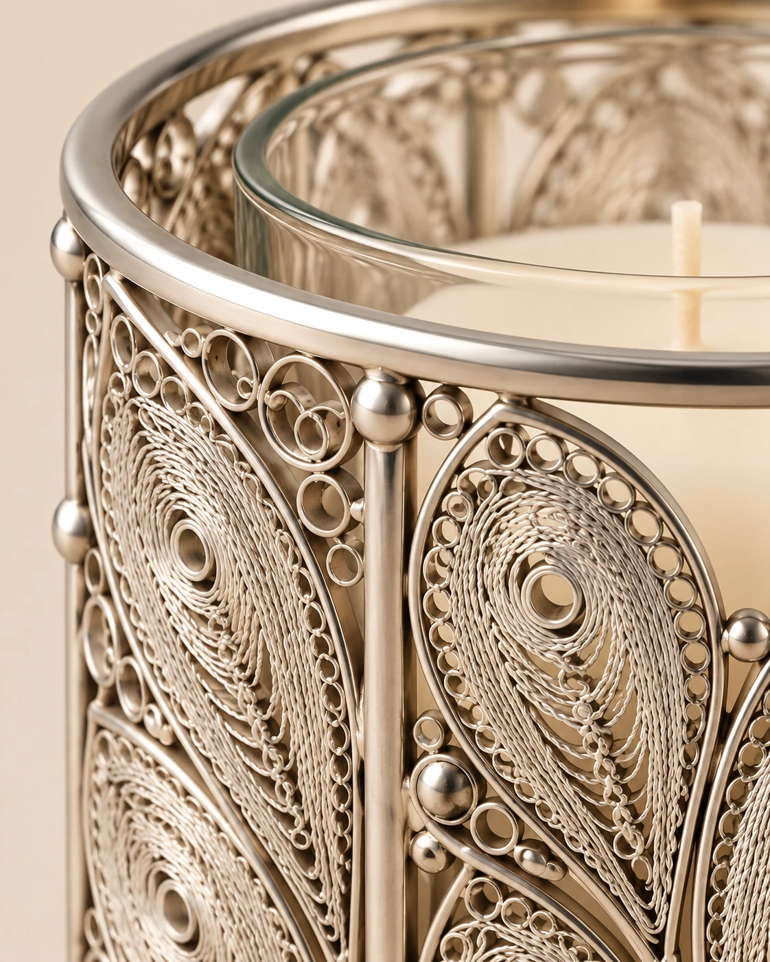 Concept detail of the openwork surround and botanical motifs of the filigree candle holder