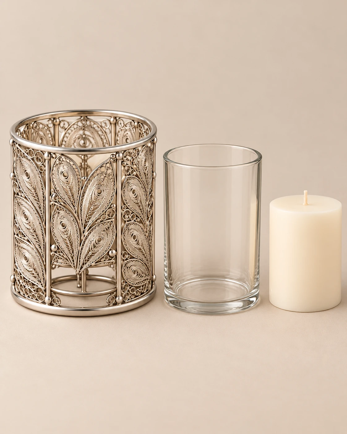 Proposed functional view of the filigree candle holder, inner vessel and base
