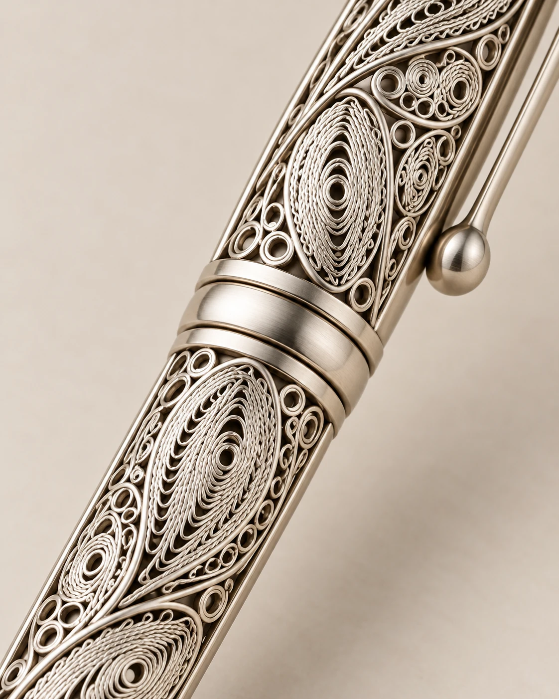 Concept detail of the ornamental wirework and grip area of the refillable filigree ballpoint pen