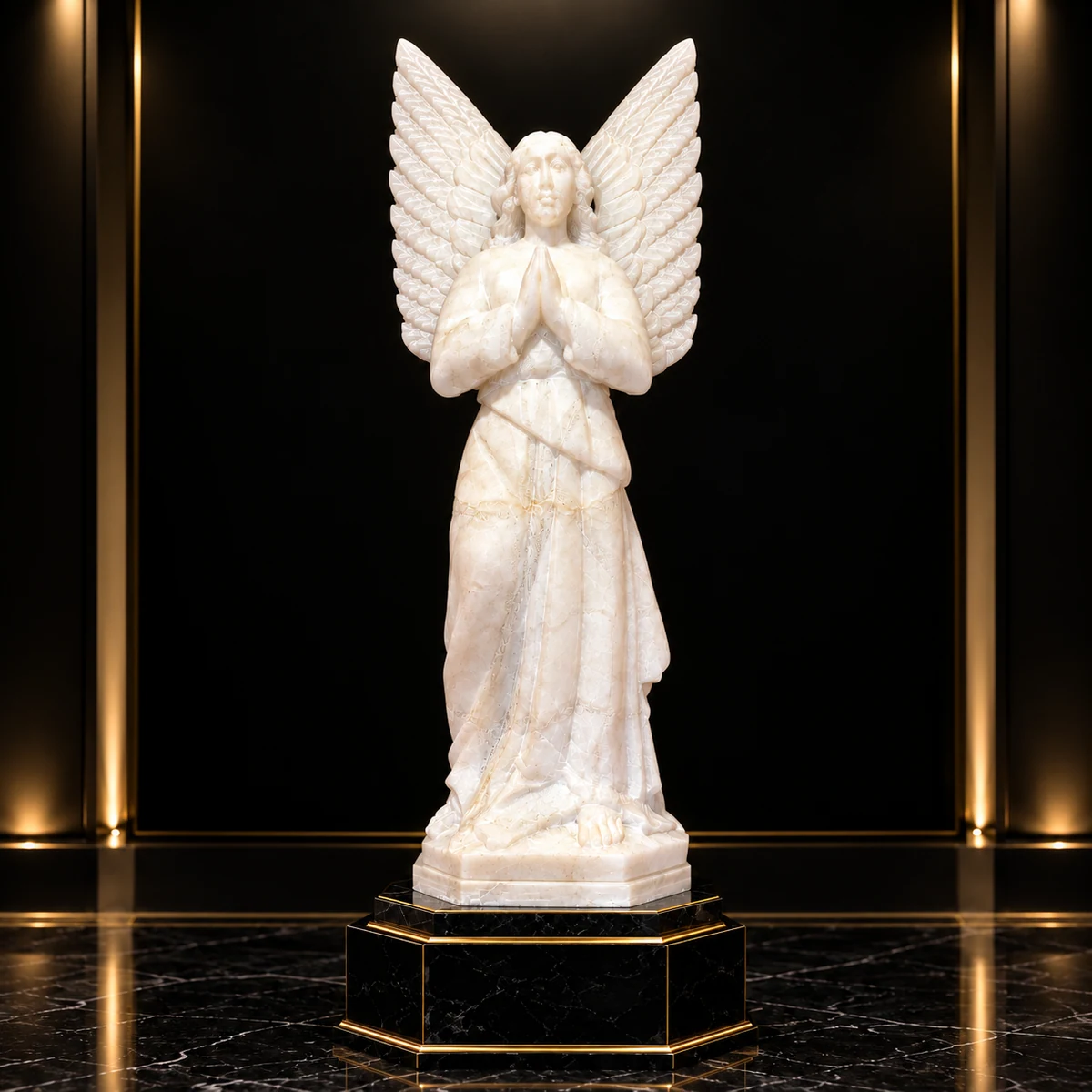 Ángel Guardián Orante en Alabastro Translúcido Escultura de Huamanga