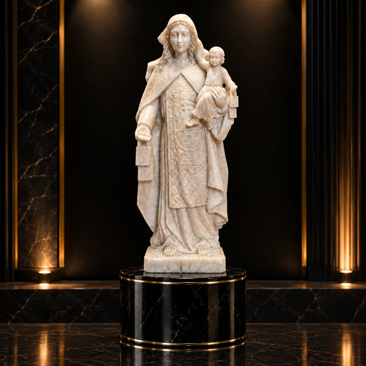 Virgen María con el Niño Jesús Talla Virreinal en Piedra de Huamanga - Vista 1
