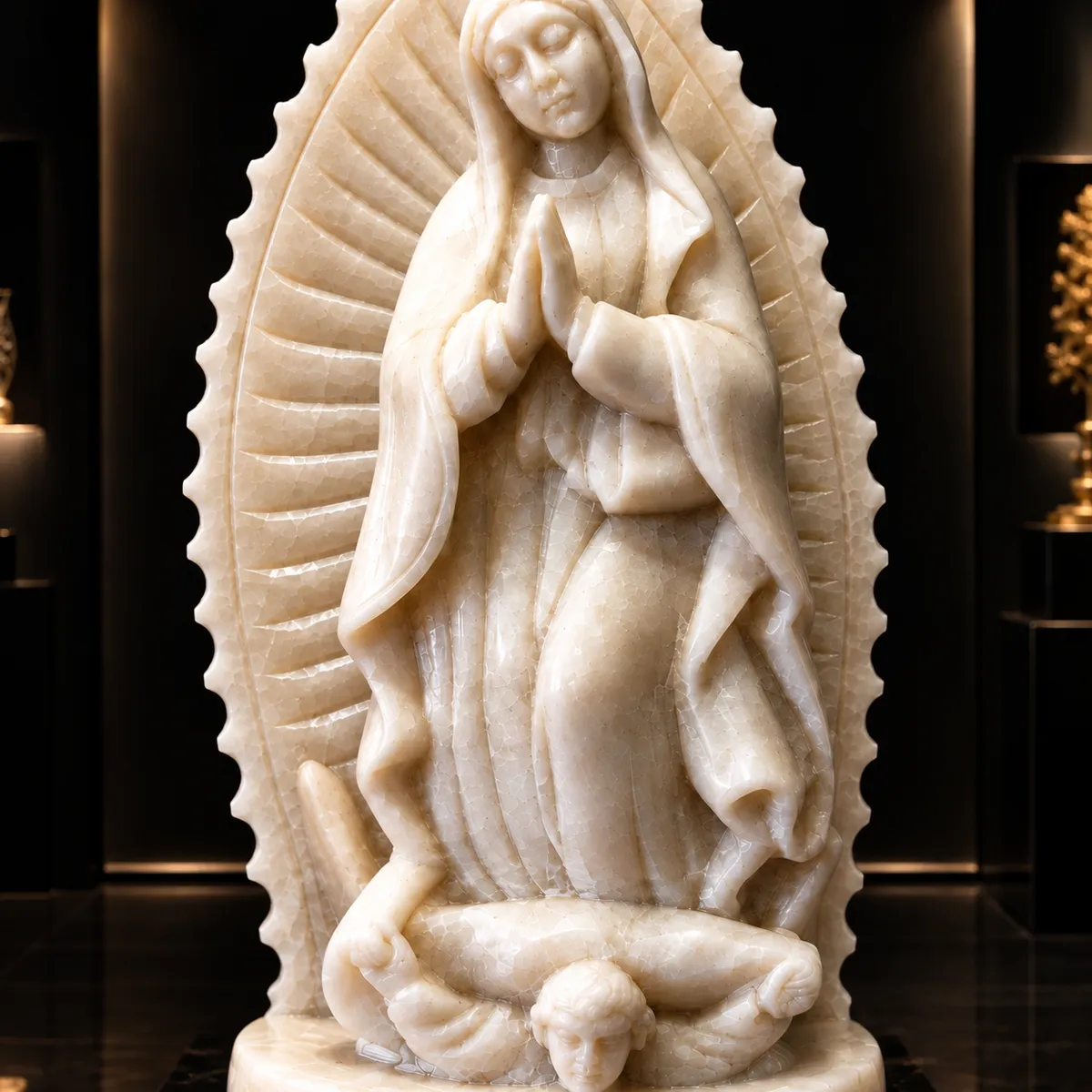 Virgen de Guadalupe con Aureola Solar Esculpida en Alabastro Puro - Vista 2