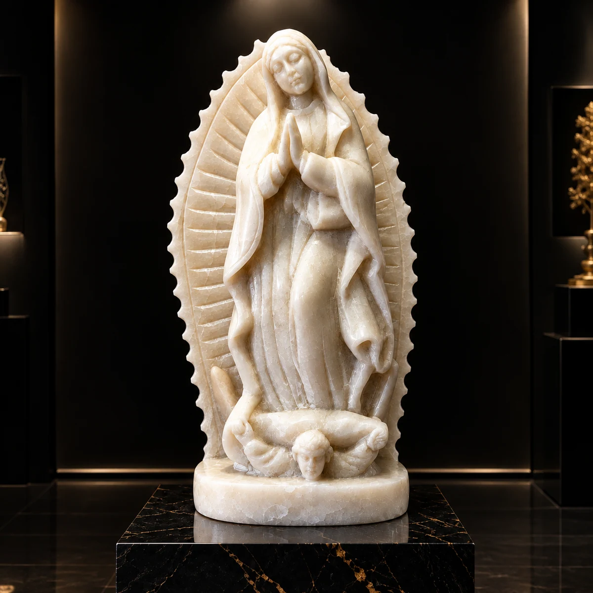 Virgen de Guadalupe con Aureola Solar Esculpida en Alabastro Puro - Vista 1