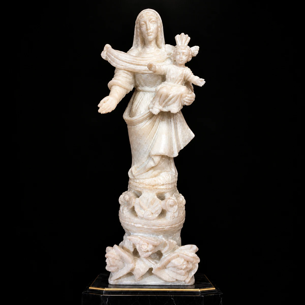 Virgen del Carmen Coronada sobre Peana Barroca de Rosas en Alabastro - Vista 1