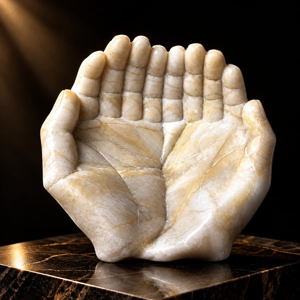 Manos de Ofrenda a la Pachamama Escultura en Alabastro Veteado Dorado - Vista 1