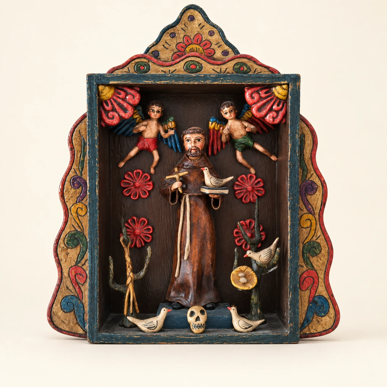 A devotional figure in a religious habit, with birds and floral ornament inside the reference cabinet.