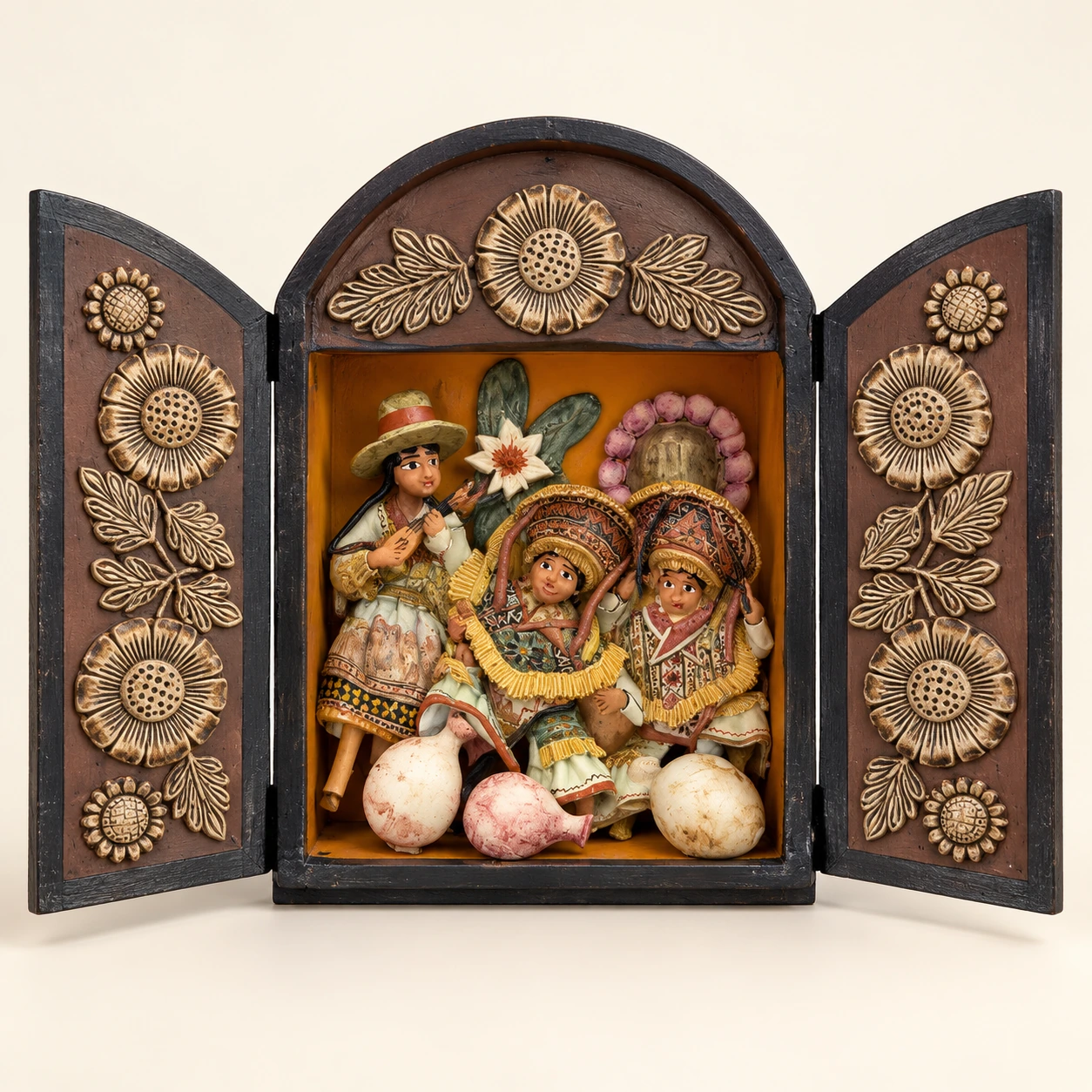 Open brown retablo with an oval crest, floral rosettes and a polychrome scene of musicians — main view