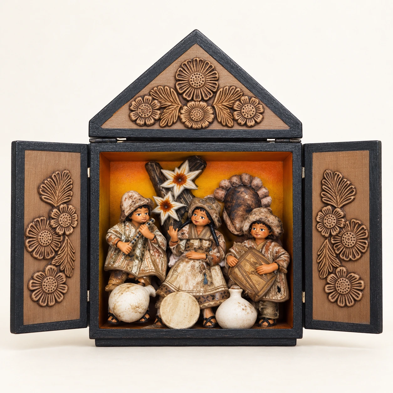 Open brown musicians retablo with a triangular crest, floral doors and polychrome figures — main view