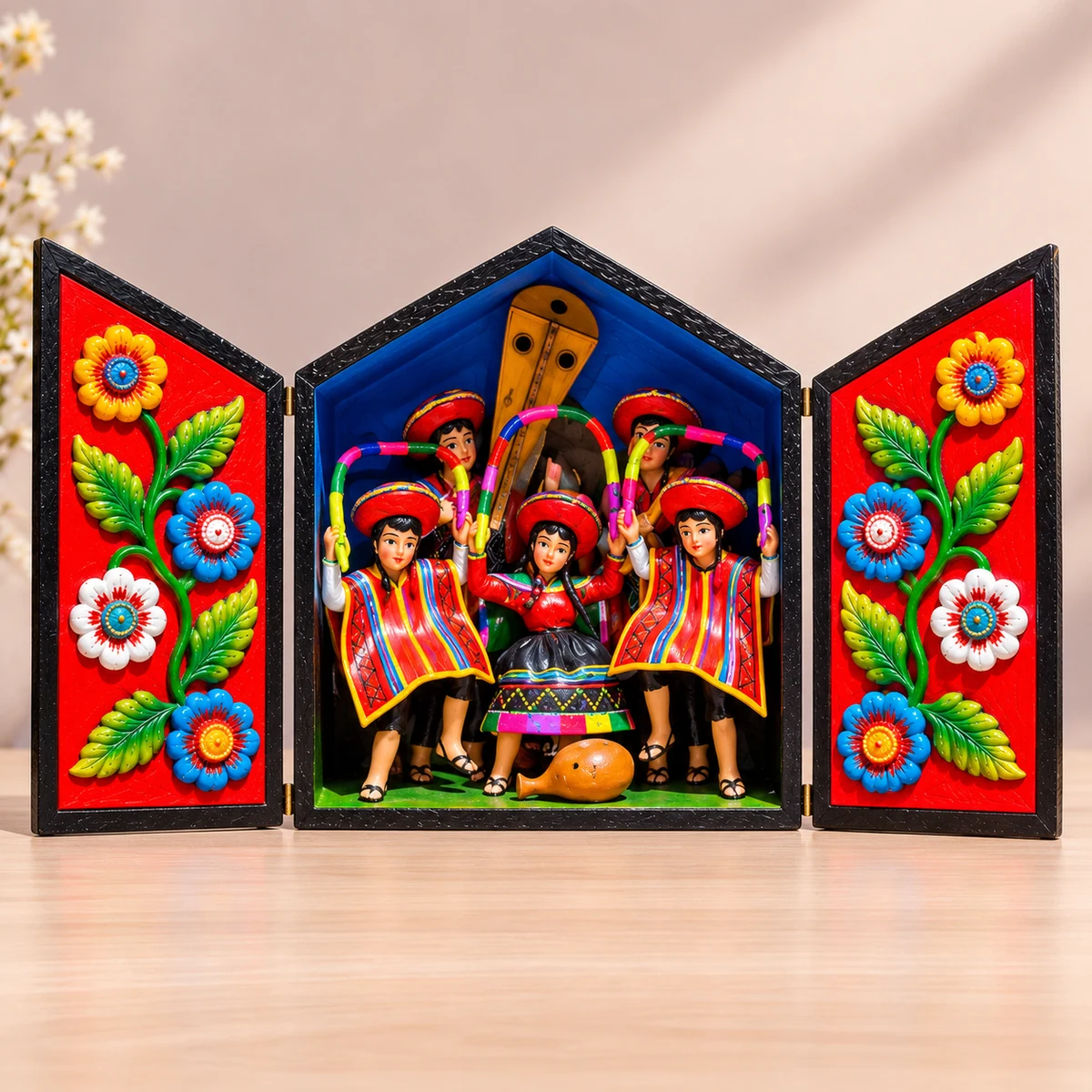 Retablo Ayacuchano Tradicional Músicos de Poncho con Arpa y Quena - Vista 1