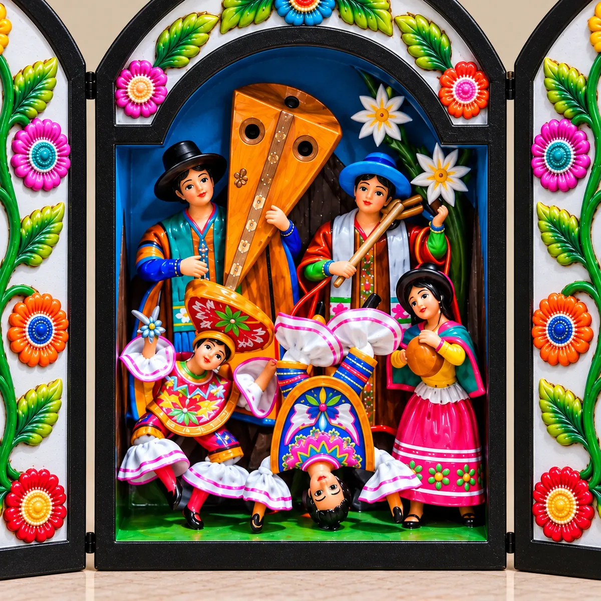 Retablo Ayacuchano Contrapunto de Danzantes de Tijeras con Arpa y Violín - Vista 2