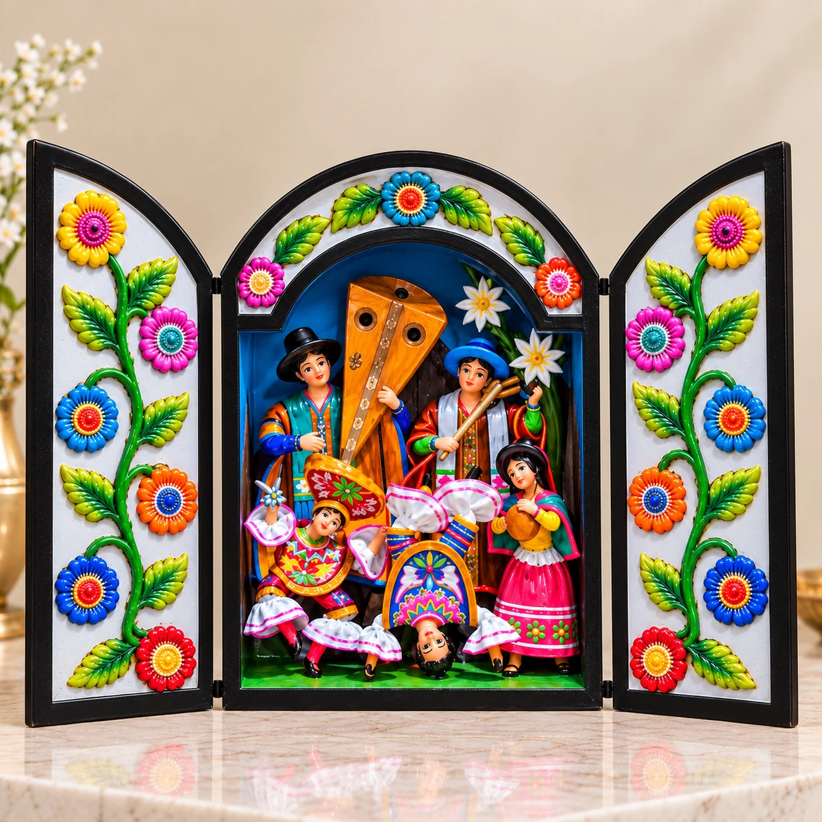 Retablo Ayacuchano Contrapunto de Danzantes de Tijeras con Arpa y Violín - Vista 1