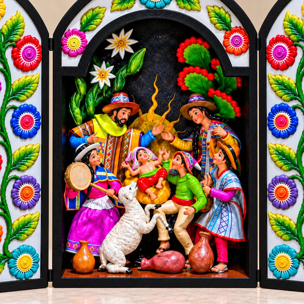 Retablo Ayacuchano Tradicional Nacimiento Andino en Pesebre con Pastores - Vista 2