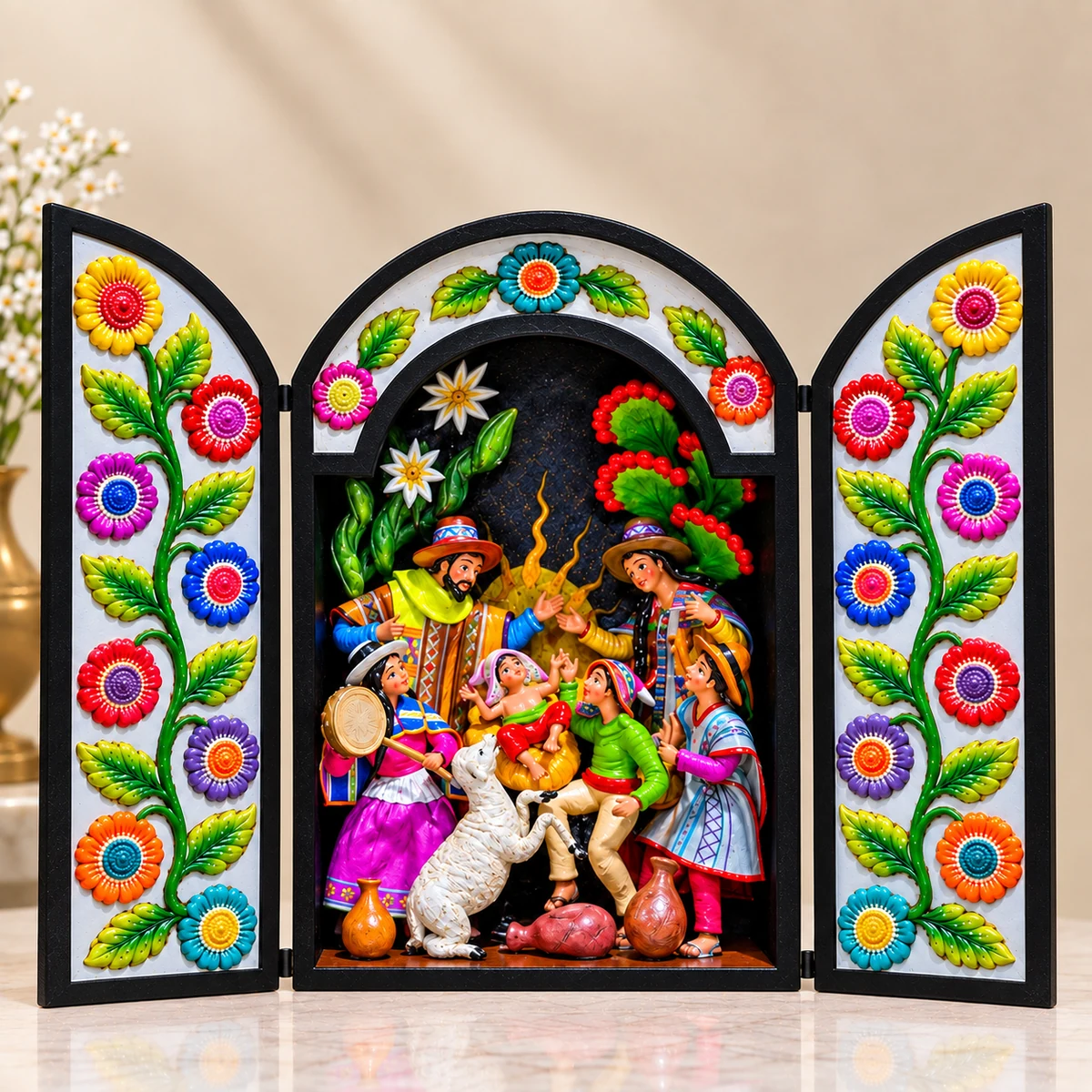 Retablo Ayacuchano Tradicional Nacimiento Andino en Pesebre con Pastores - Vista 1