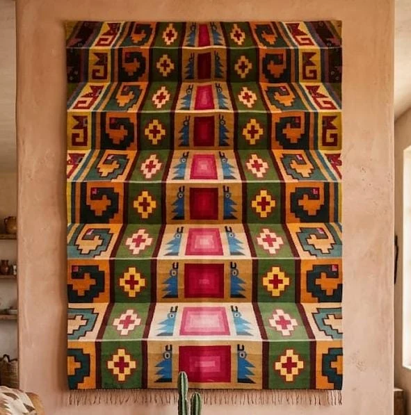 Tapiz Mural Isométrico Escalera Dimensional Wari en Telar Tradicional - Vista 1